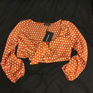 Burnt Orange Satin Polka Dot Tie Front Blouse